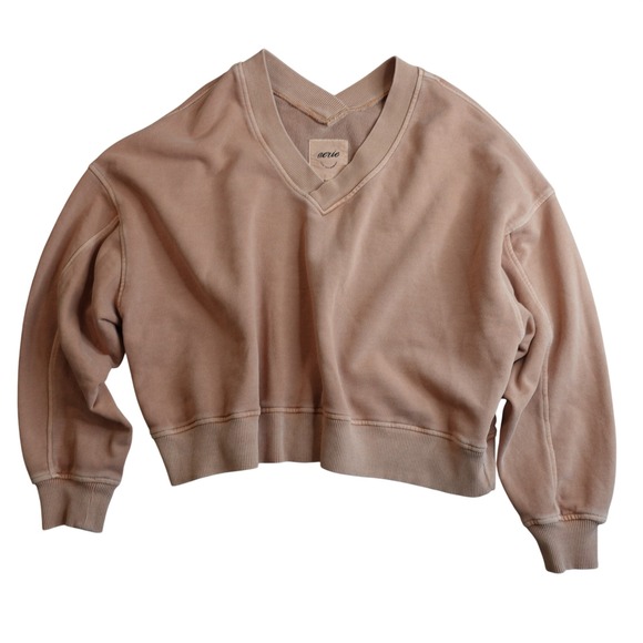 aerie Tops - Aerie Oversized V-Neck Sweatshirt Womens L Terracotta Tan‎ Ribbed Trim Slouchy
